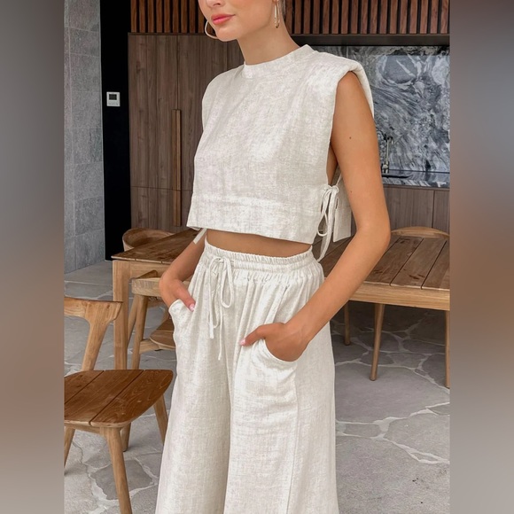 Linen Two Piece Crop Tank Wide Leg Pants Set - Picture 2 of 8